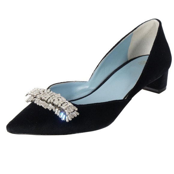Worn 1x FRANCES VALENTINE Low Heel Pumps Sz. 8.5 B Black Velvet Pointed Toe Gems - Picture 1 of 7